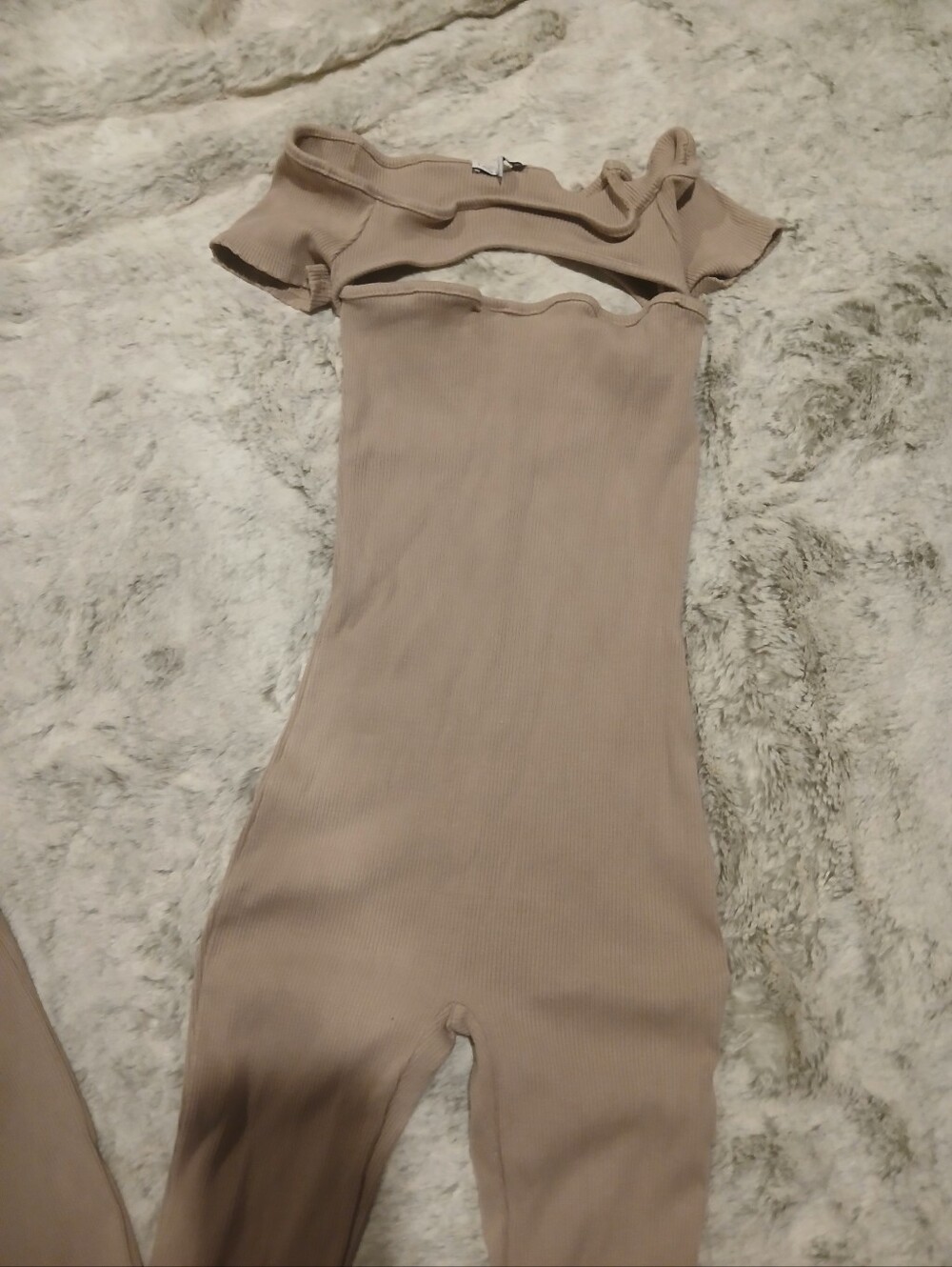 Fashion Nova Beige Off-Shoulder Ribbed Jumpsuit - Picture 2 of 2